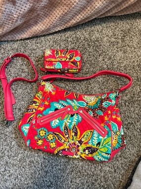 Vera Bradley Red Floral Quilted Crossbody Bag with Matching Wallet